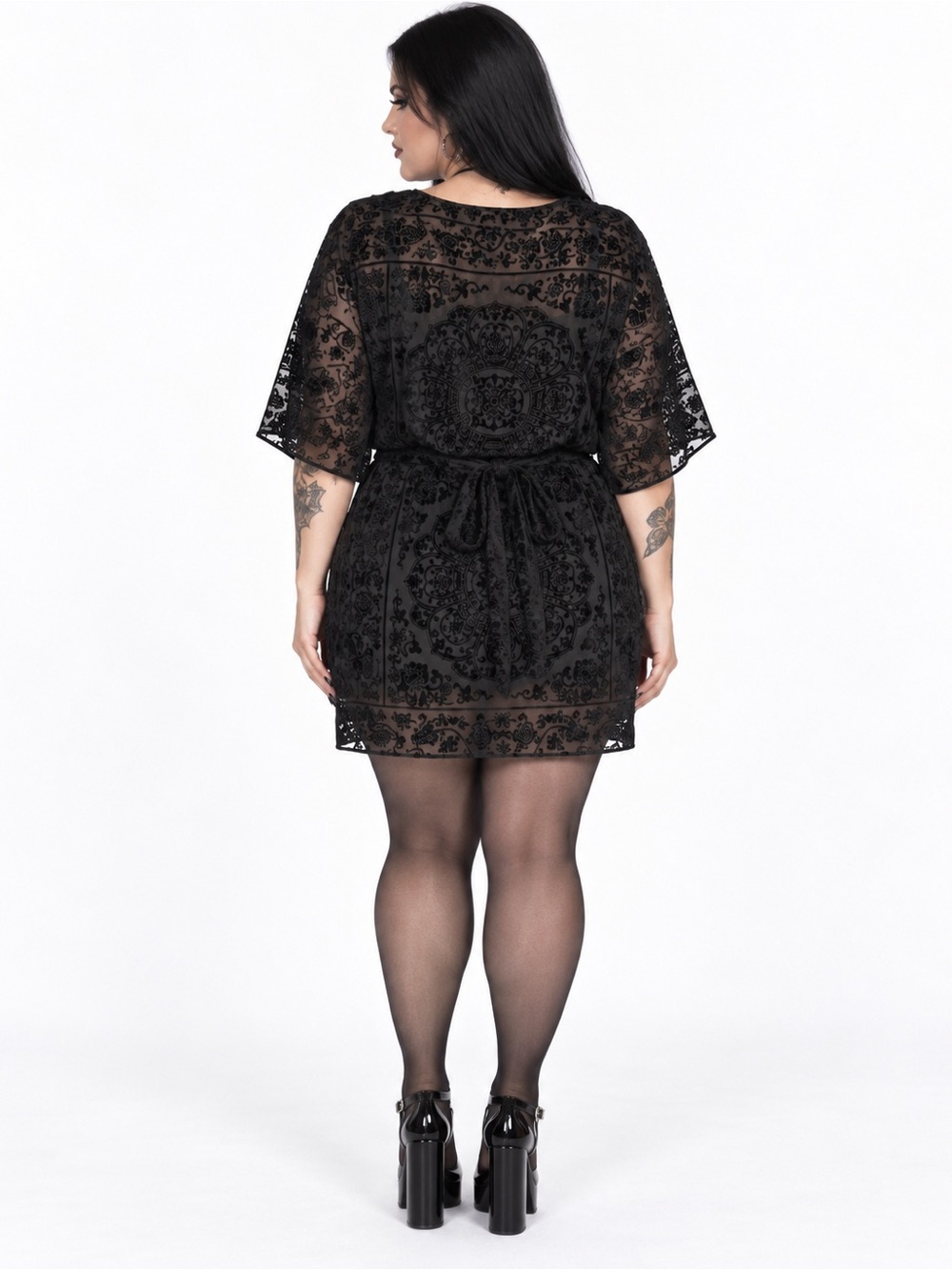 V by Cristina XL Black Velvet Flocked Dress Gothic Vampire Whimsigoth Y2K Grunge - Picture 8 of 8